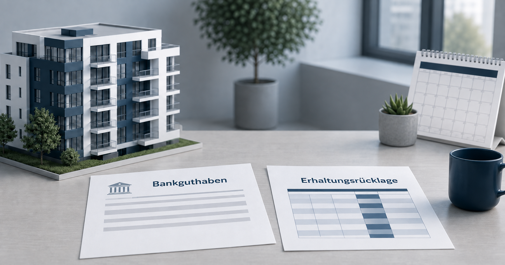 Symbolbild: Wohnanlage und zwei getrennte Unterlagen für Bankguthaben und Erhaltungsrücklage